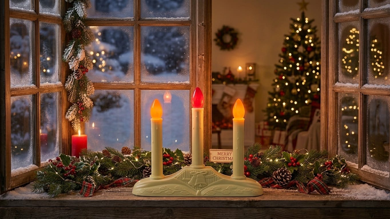 A 3 Light Electric Window Candelabra with C7 Orange and Red Incandescent Bulbs