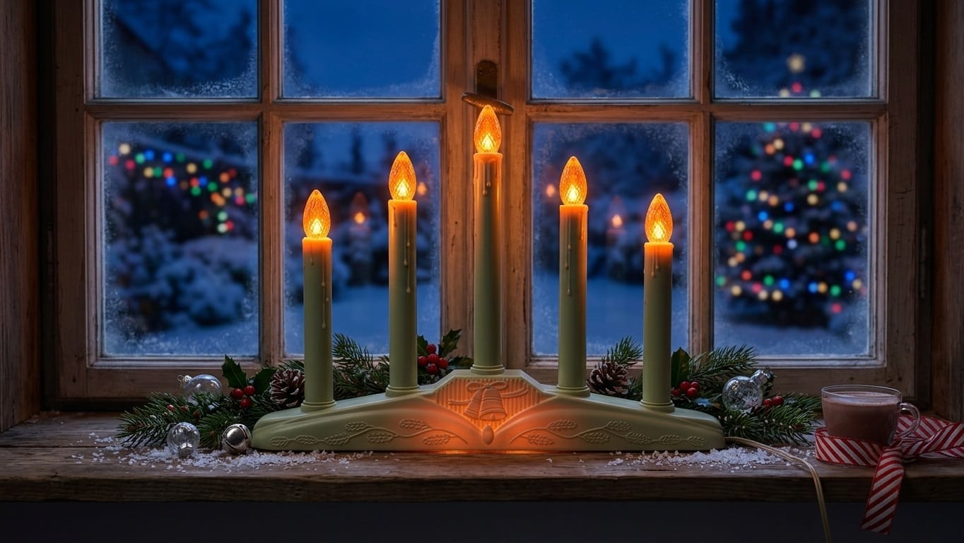 5 Light Electric Window Candelabra placed on a window sill at night with Christmas decorations. It is illuminated using 5 C7 Orange LED bulbs.