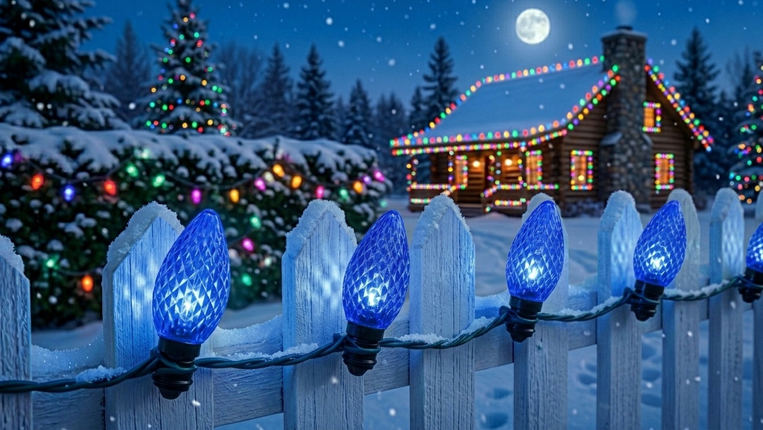 A wooden fence line covered in snow glowing with vivid C7 LED Blue Christmas lights outdoors at night with a cozy decorated house in the background.