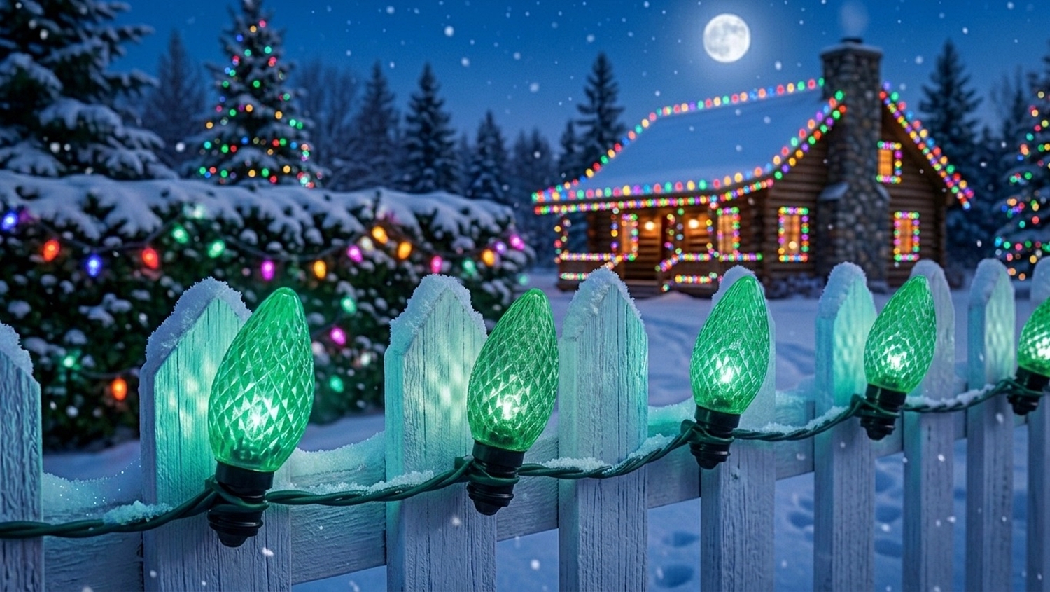 Illuminated C7 LED Green replacement bulbs seated in light sockets strung along a white picket fence covered in fresh snow at night.