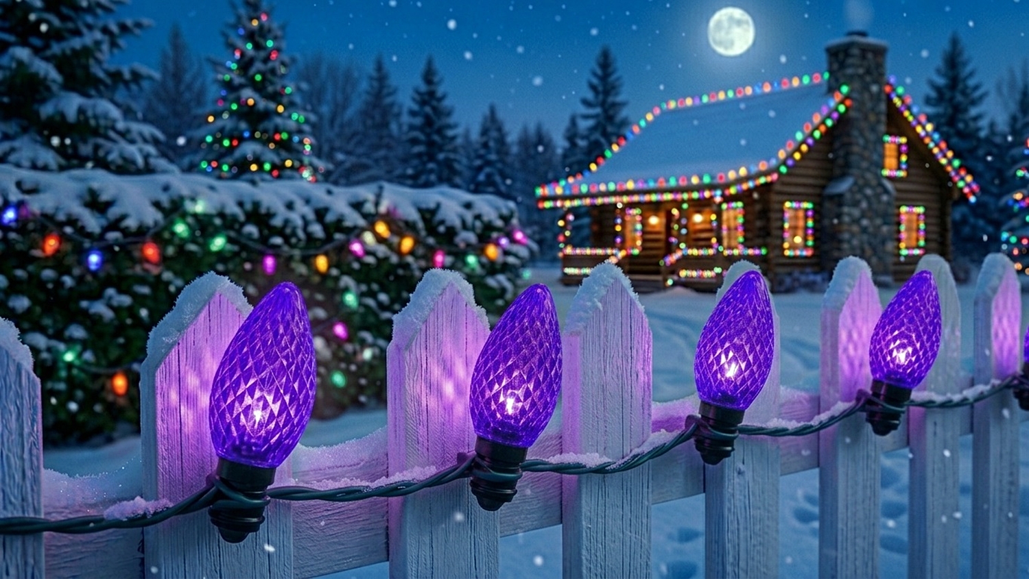 A snow-covered wooden fence illuminated by bright C7 LED Purple light bulbs seated in green cord sockets on a winter night.