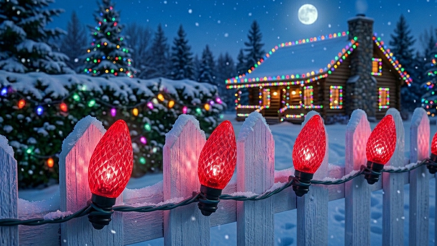 Glowing C7 LED Red Christmas light bulbs along a snow-dusted fence with multi-color lights decorating a home in the background.