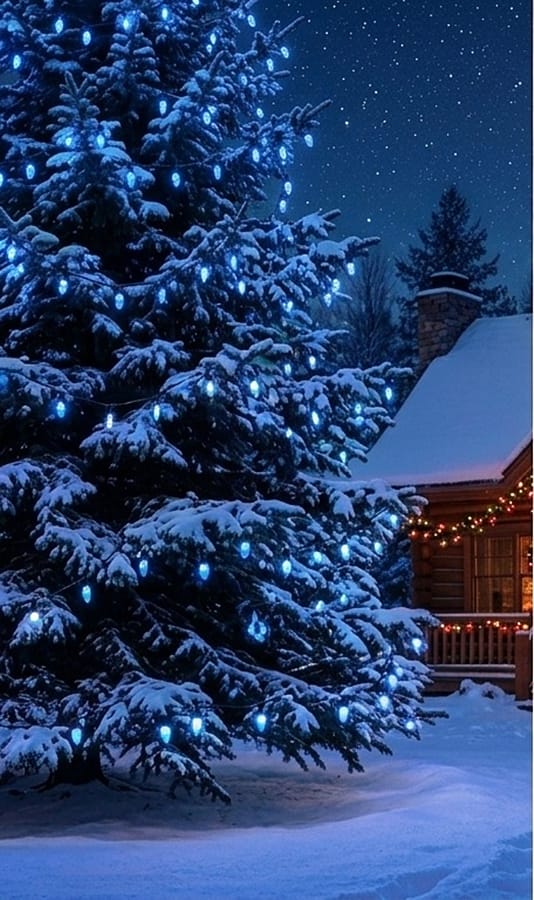 C7 Opaque Blue Incandescent Replacement Bulbs Adorning a Large Outdoor Tree Creating Vibrant Christmas Outdoor Lights