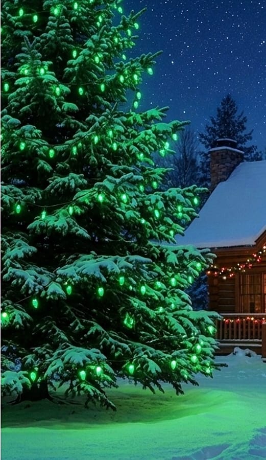 C7 Opaque Green Incandescent Replacement Bulbs Adorning a Large Outdoor Tree Creating Classic Christmas Tree Lights