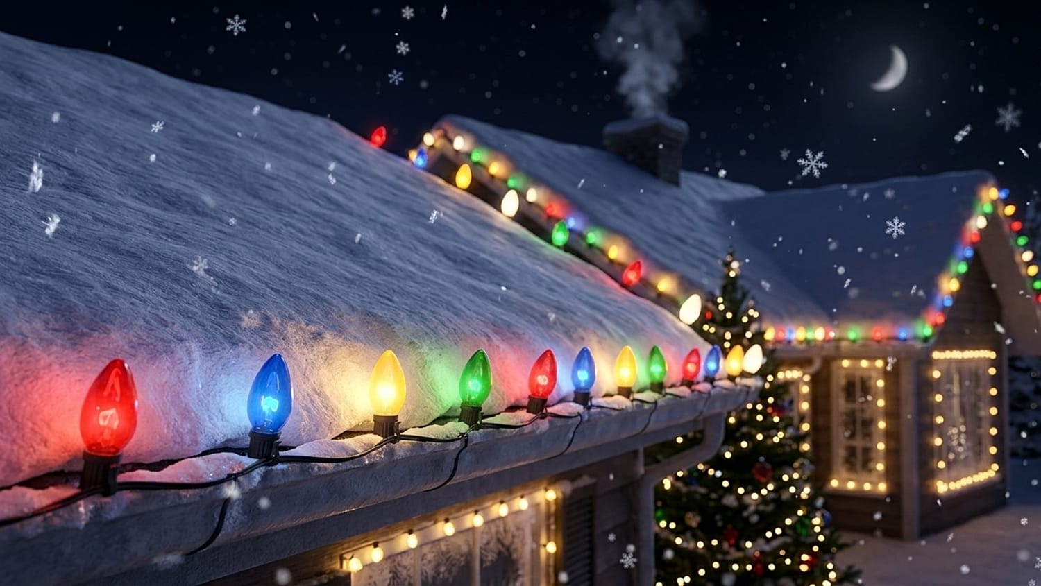 C7 Multi-Color Incandescent Replacement Bulbs Along a Roof Creating Traditional Retro Christmas Lights