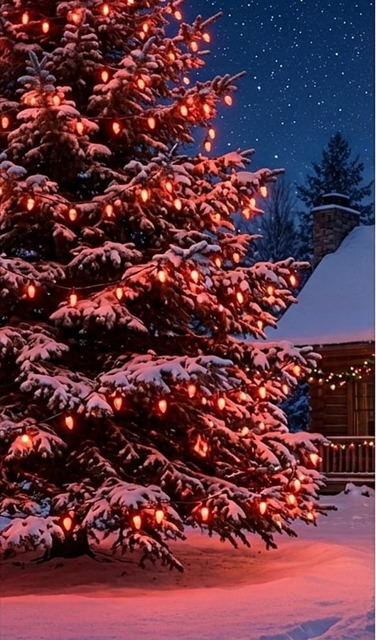 C7 Opaque Orange Incandescent Replacement Bulbs Adorning a Large Outdoor Tree Creating Classic Christmas Tree Lights