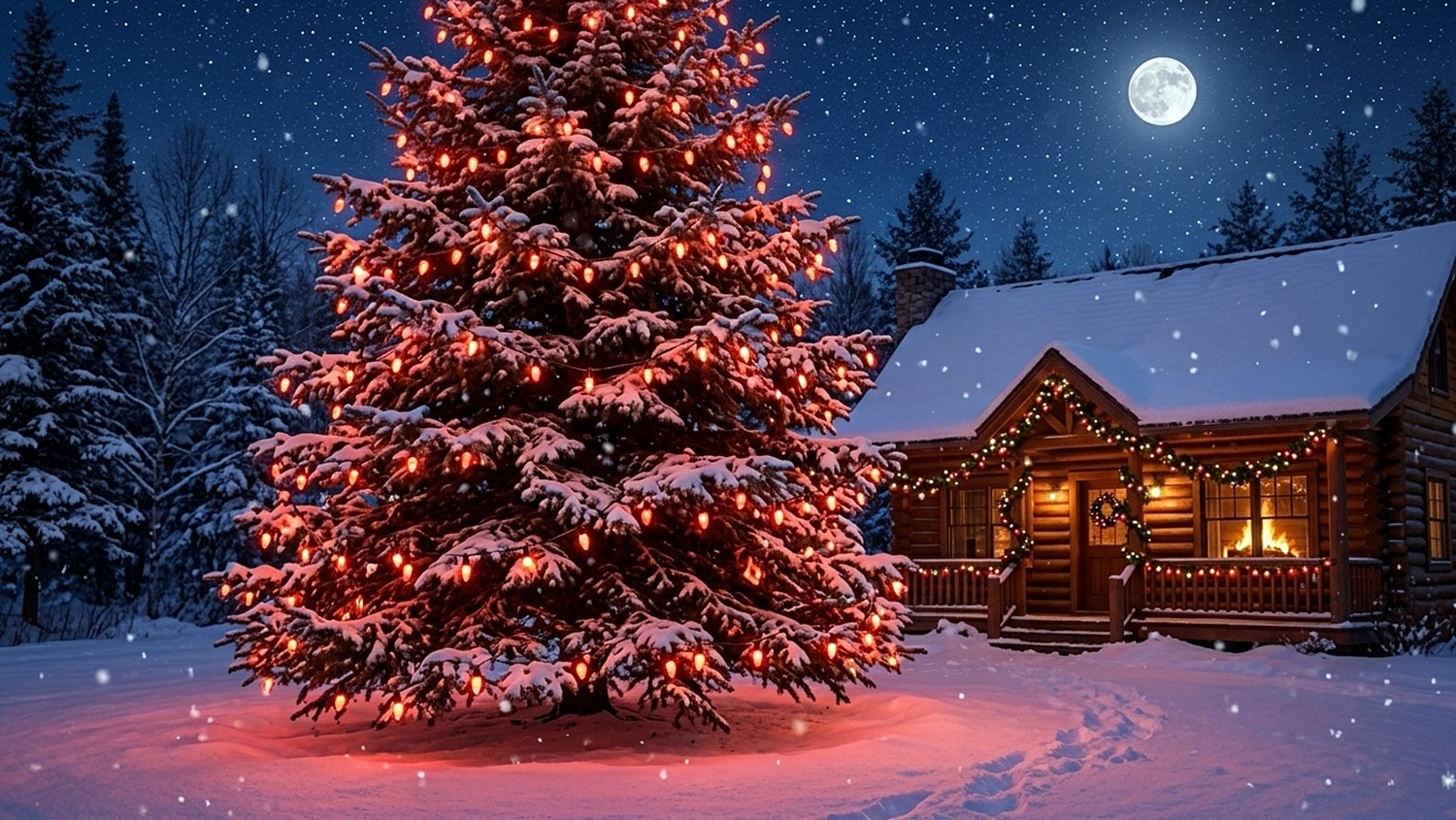 C7 Opaque Red Incandescent Replacement Bulbs Adorning a Large Outdoor Tree Creating Vintage Christmas Tree Lights