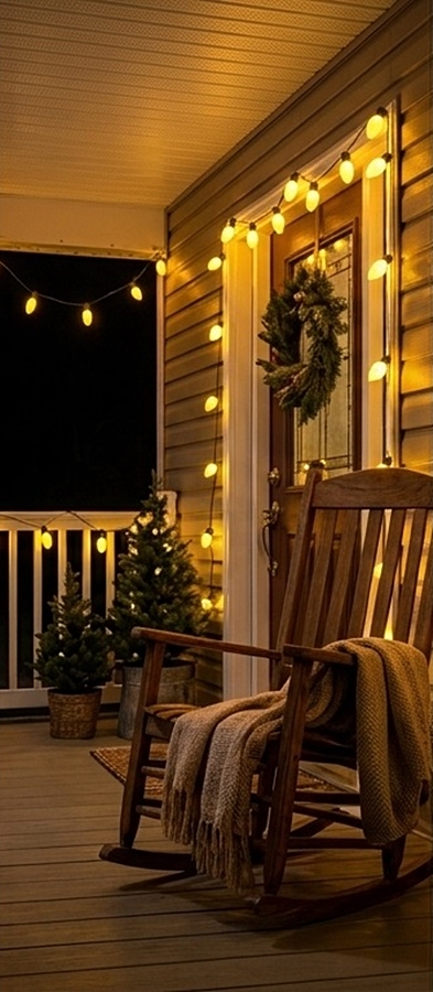 C7 Opaque Yellow Incandescent Replacement Bulbs Hung Around a door and railing to create Warm Outdoor Porch Christmas Lighting