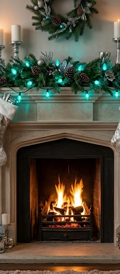 C7 Transparent Twinkle Teal Incandescent Replacement Bulbs Hung around a fireplace mantle inside festive garland.