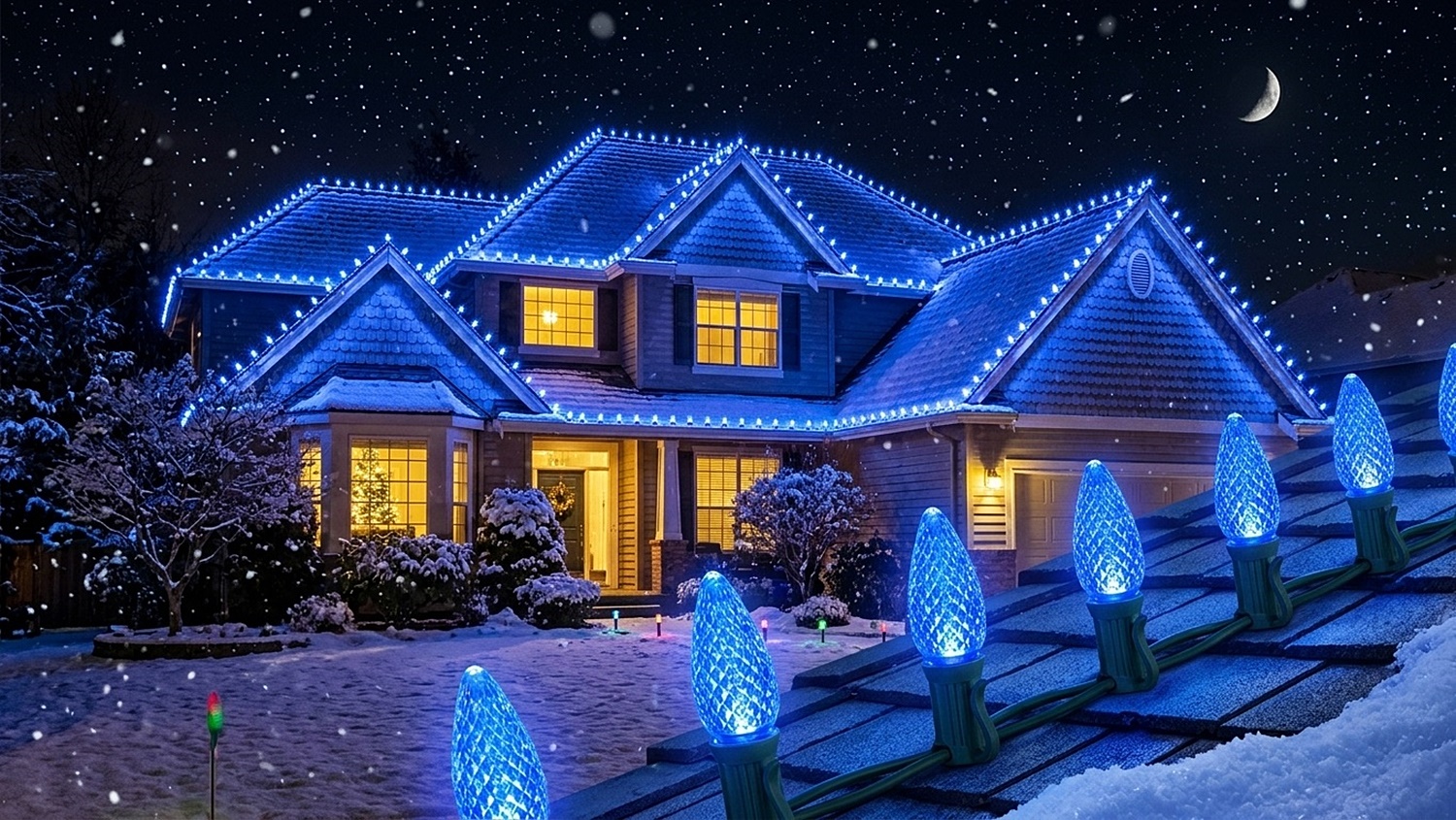 A snow-covered home at night with a glowing roofline outlined in C9 LED Blue Replacement Bulbs under a starry winter sky.