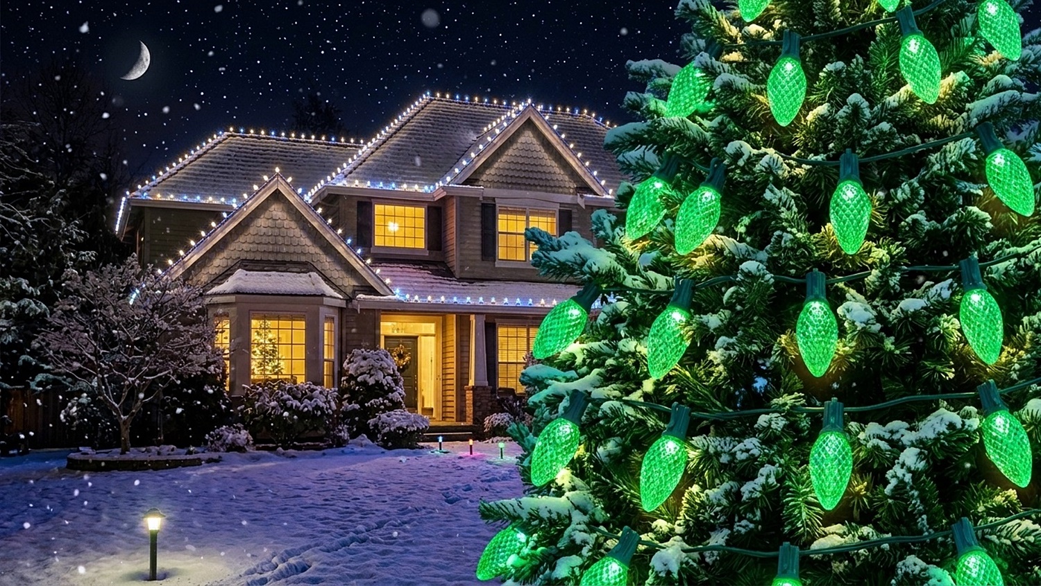A large outdoor evergreen tree covered in snow and illuminated with glowing C9 LED Green Replacement Bulbs against a snowy night scene.
