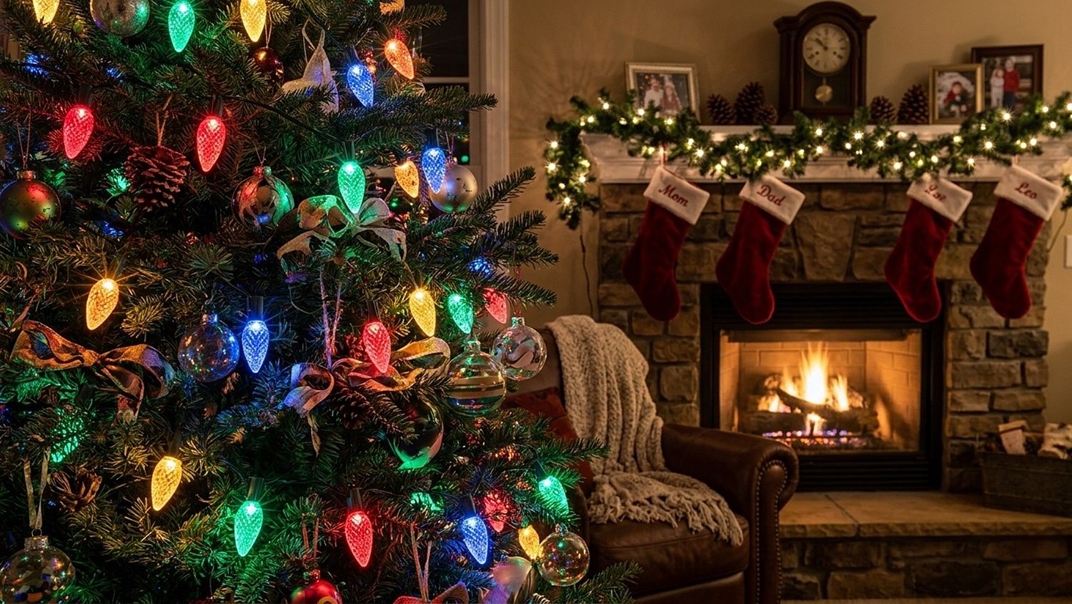 A cozy living room with a glowing stone fireplace and stockings next to a Christmas tree decorated with illuminated C9 LED Multi-Color Replacement Bulbs.