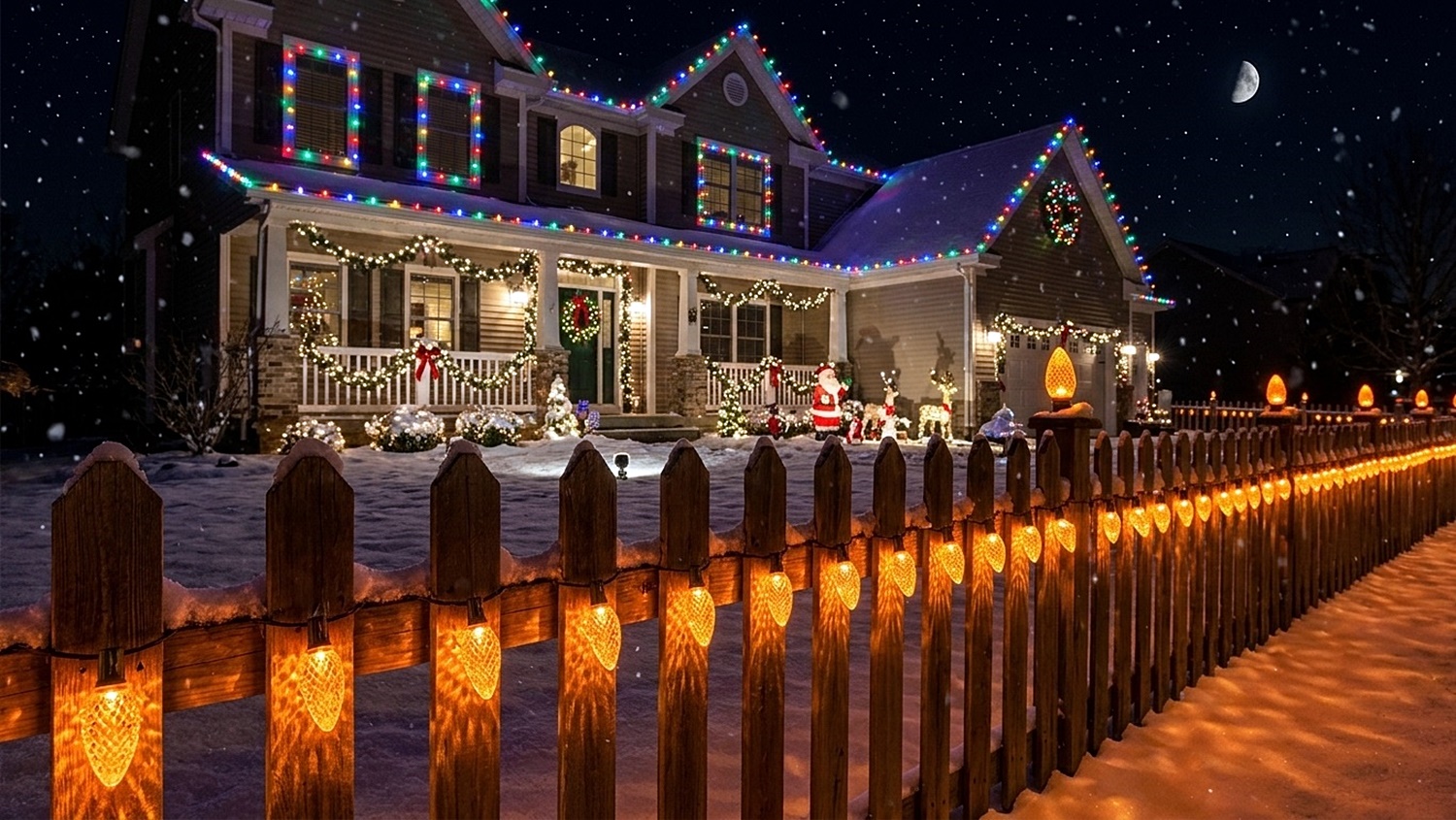 A snow-dusted wooden fence line brightly illuminated with glowing C9 LED Orange Replacement Bulbs with a decorated house in the background.