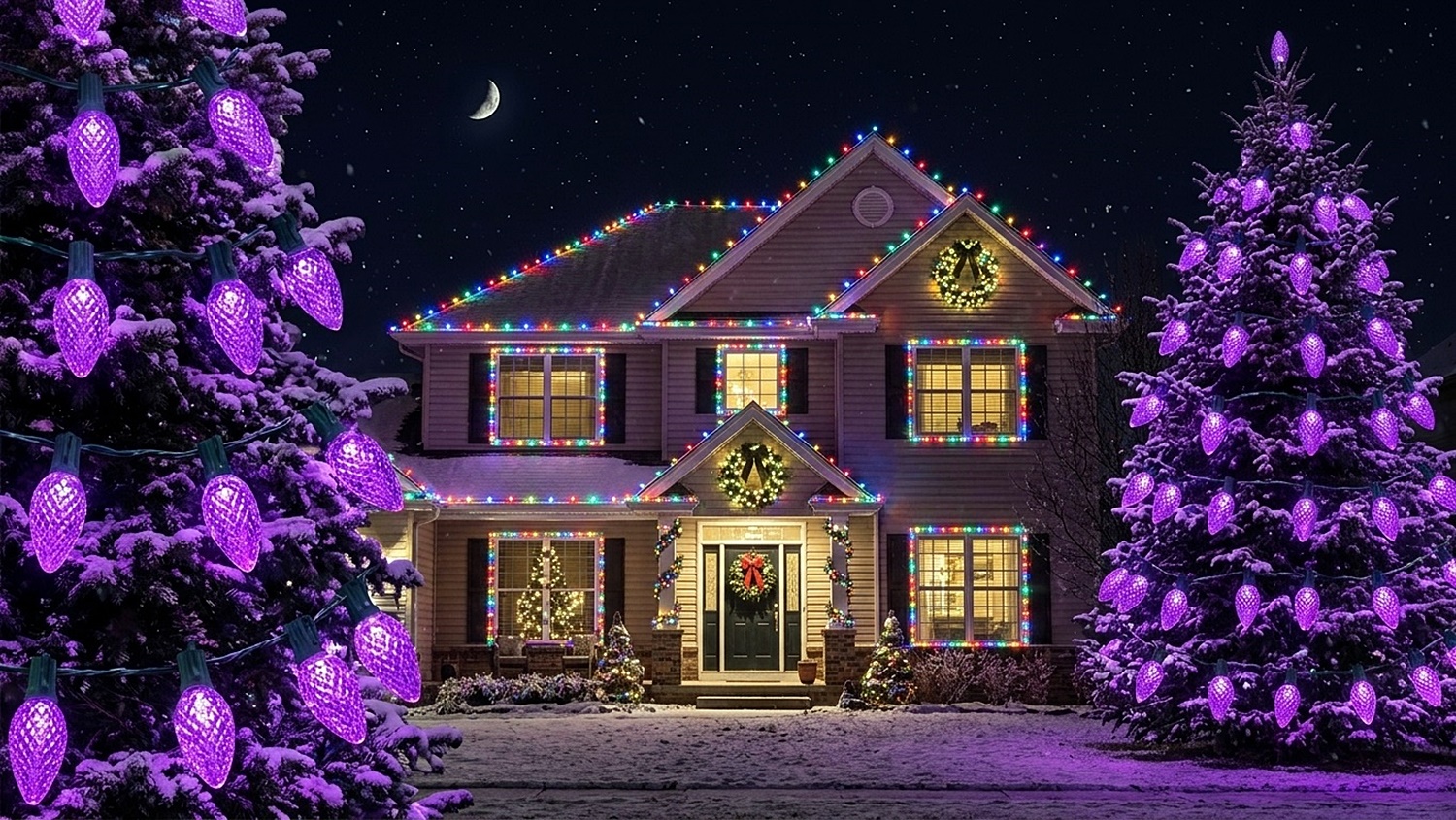 Two large outdoor evergreen trees flanking a house, illuminated with vivid C9 LED Purple Replacement Bulbs on a snowy winter night