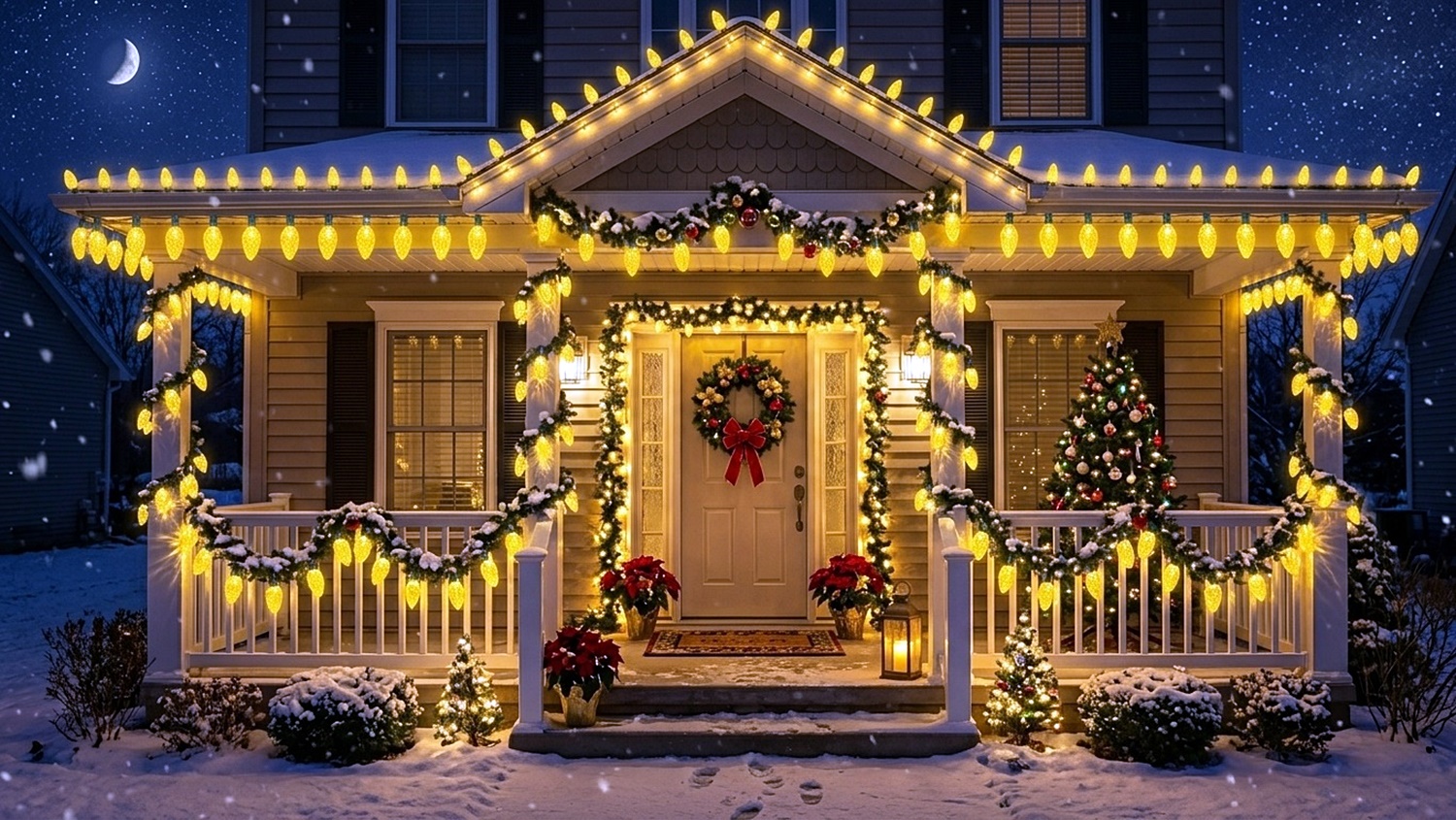 A front porch and entryway brightly outlined with glowing C9 LED Yellow Replacement Bulbs on a snowy winter evening.