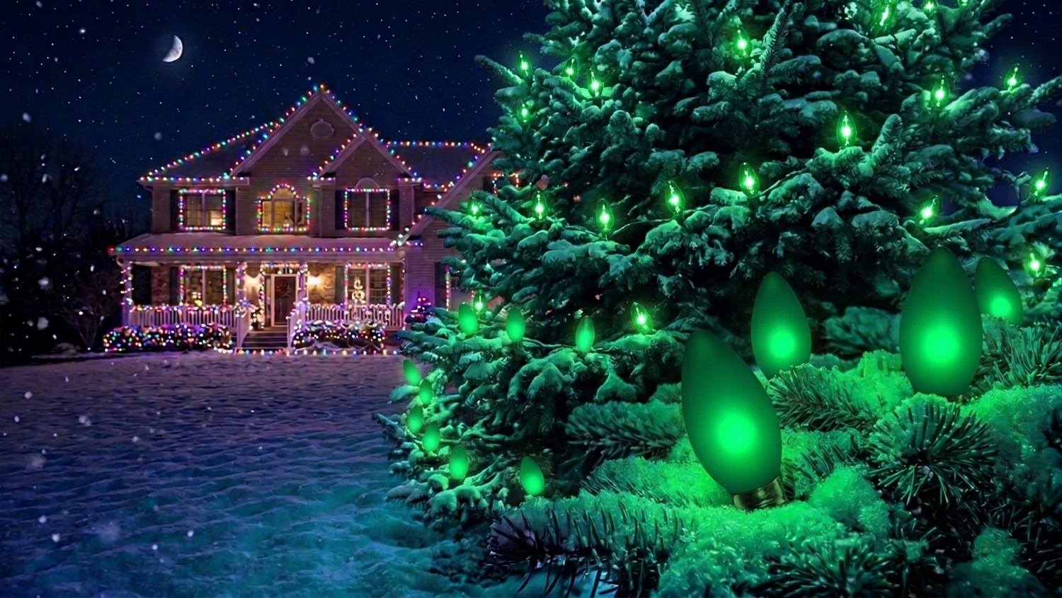 An outdoor evergreen tree covered in snow and illuminated with rich, glowing C9 Opaque Green Christmas light bulbs against a snowy night scene