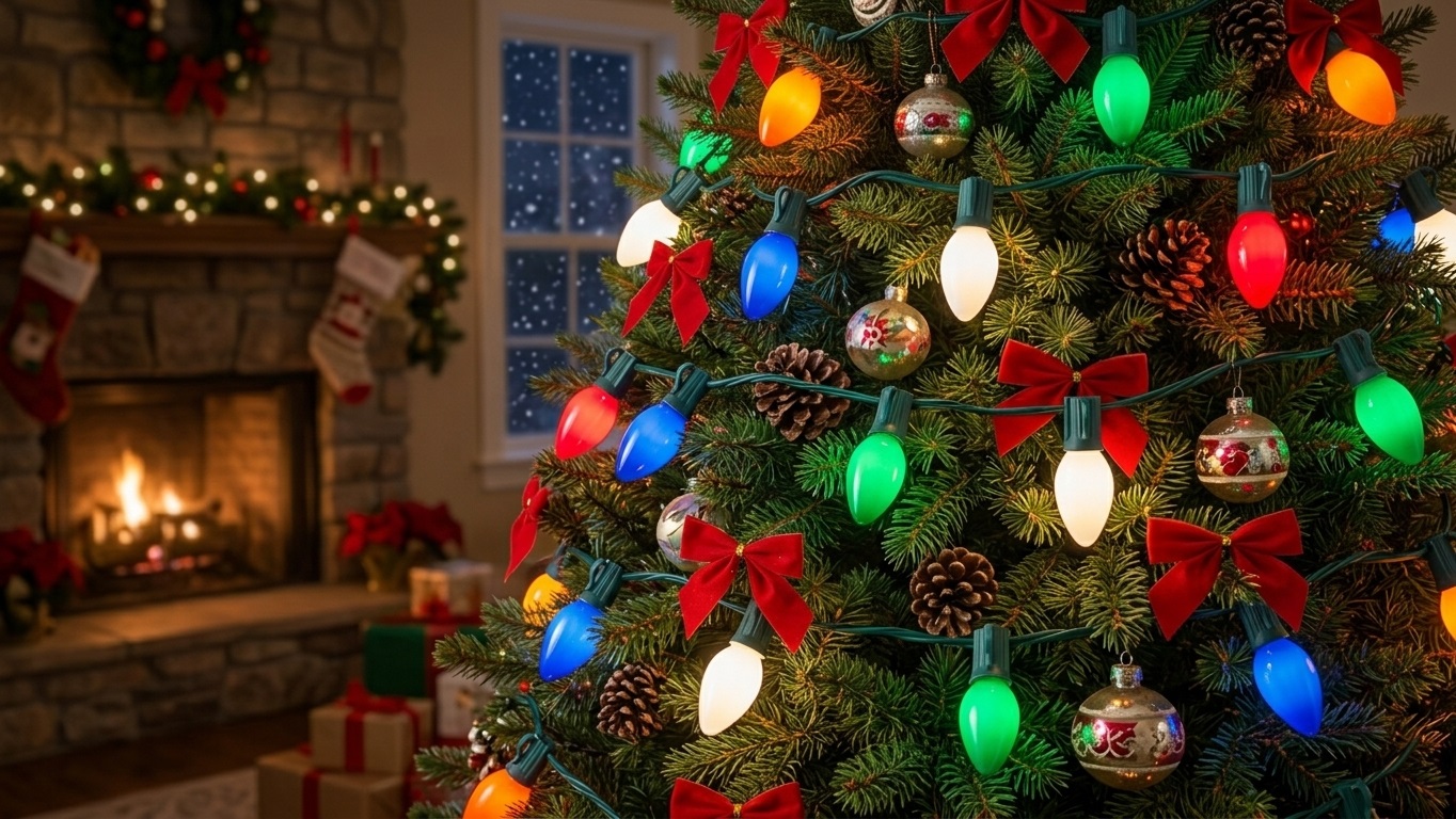A cozy living room with a glowing fireplace next to a festive Christmas tree decorated with illuminated C9 Opaque Multi Color Bulbs in red, green, blue, orange, and white.
