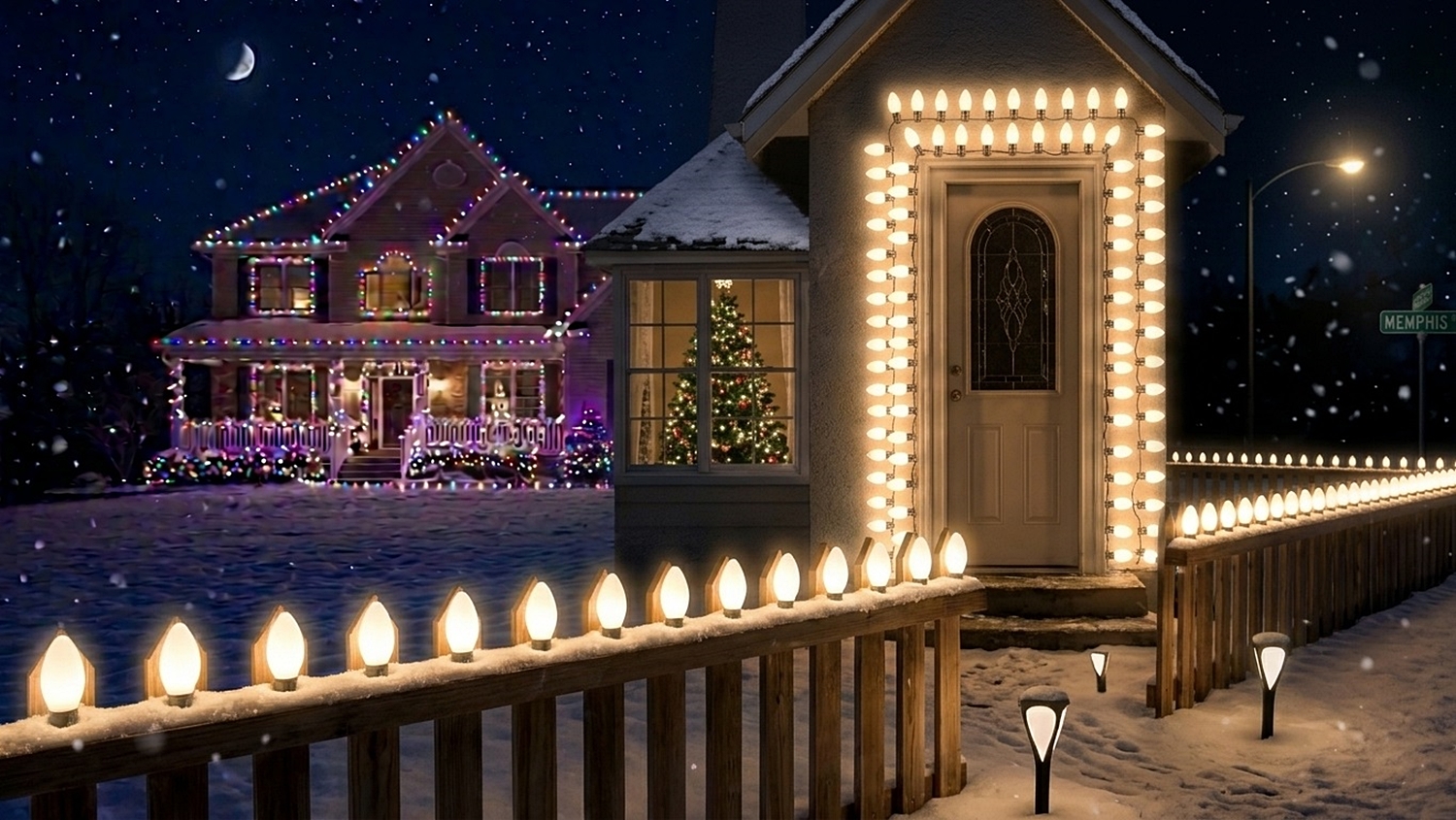 A wooden fence rail and house doorway brightly outlined with glowing C9 Opaque White Christmas light bulbs on a snowy winter evening.