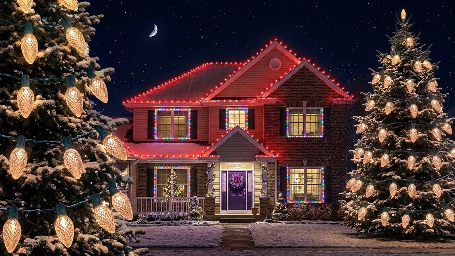 A home roofline lit with glowing C9 LED Red Replacement Bulbs, alongside snow-covered evergreen trees illuminated with warm white lights.