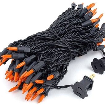 Halloween Mini Lights With Orange Bulbs on Black Wire 100 Count