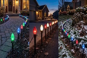 Light Speed Stakes lining walkways using C7 and C9 incandescent and led bulbs article image.
