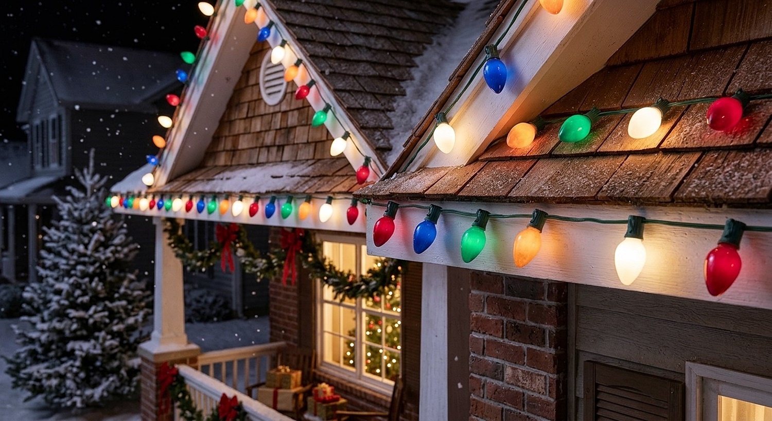 A home roofline outlined with vintage-style Ritz C7 Ceramic Multi-Color Lights shining warmly on a Christmas night.