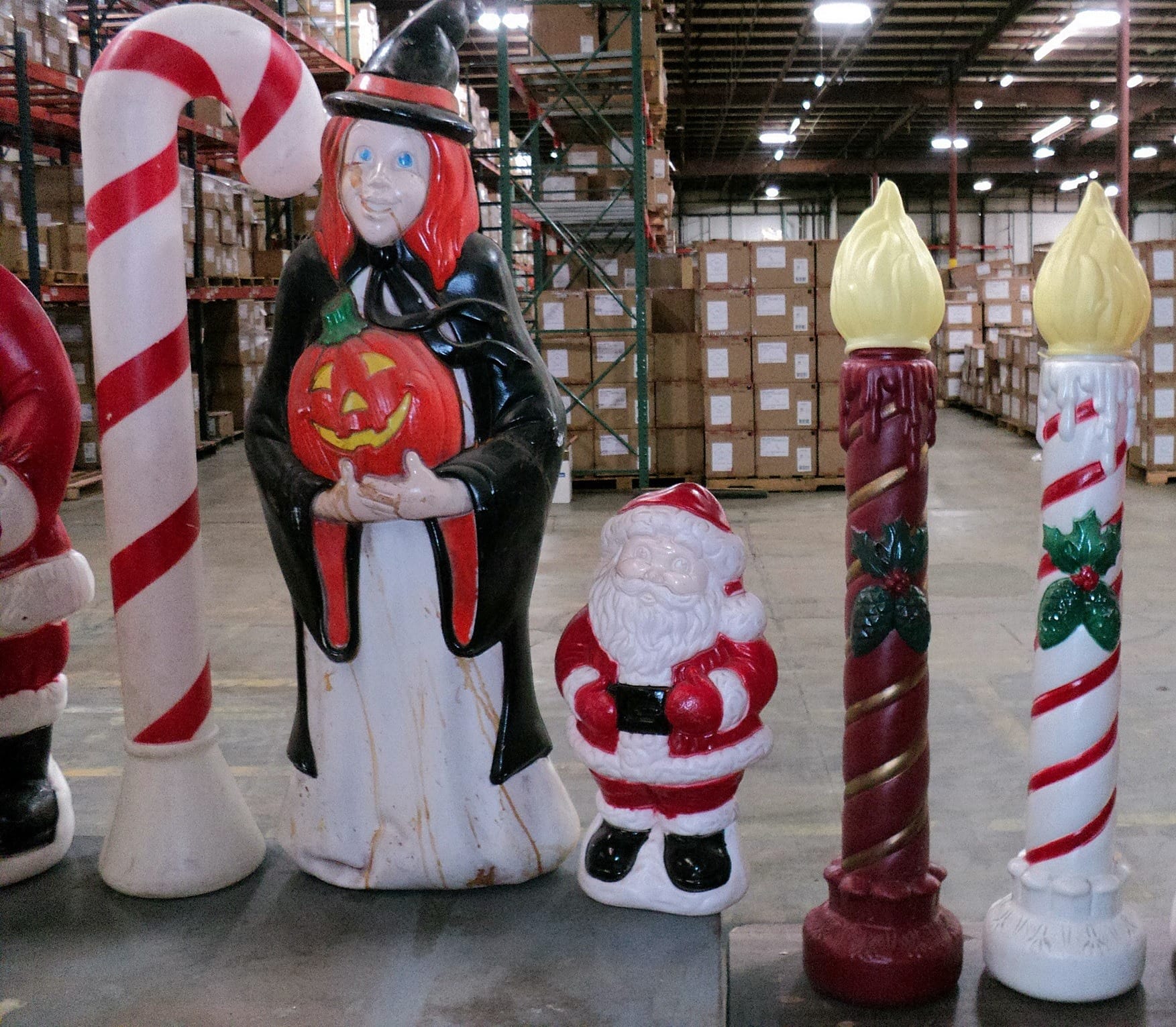 Used Vintage Holiday Blow Molds Featuring a Union Products Candy Cane and Grand Venture Witch, Santa Claus and Christmas Candles